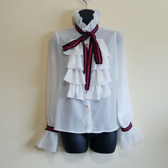 36Piont5 White Ruffle LongSleeve Blouse Sz Small - Picture 4 of 9